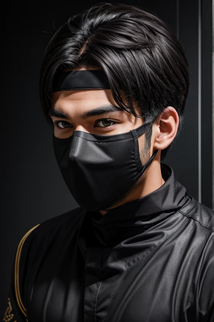 A photograph of anime young man, black mask, 20 yo, handsome, detailed face, looking at camera, portrait, 8k uhd, high quality