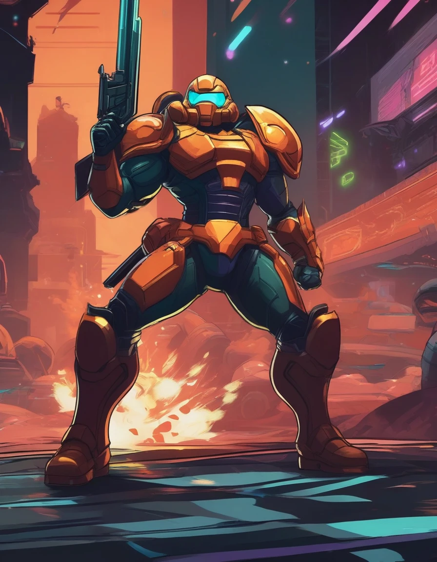 Cartoon image of man holding gun and hat, Doomman is similar to Samus, A purple armor,Holding in hand,在fighting,Plants vs.,Character art相反, Valgaat style, 官方Character art, Ray Punk, Duke Nukem Art Style, With a plasma gun, Charya, cyber space cowboy, Very stylized character design, game character, game character art, Character art, Qataghting,Poster Art,World,fighting中