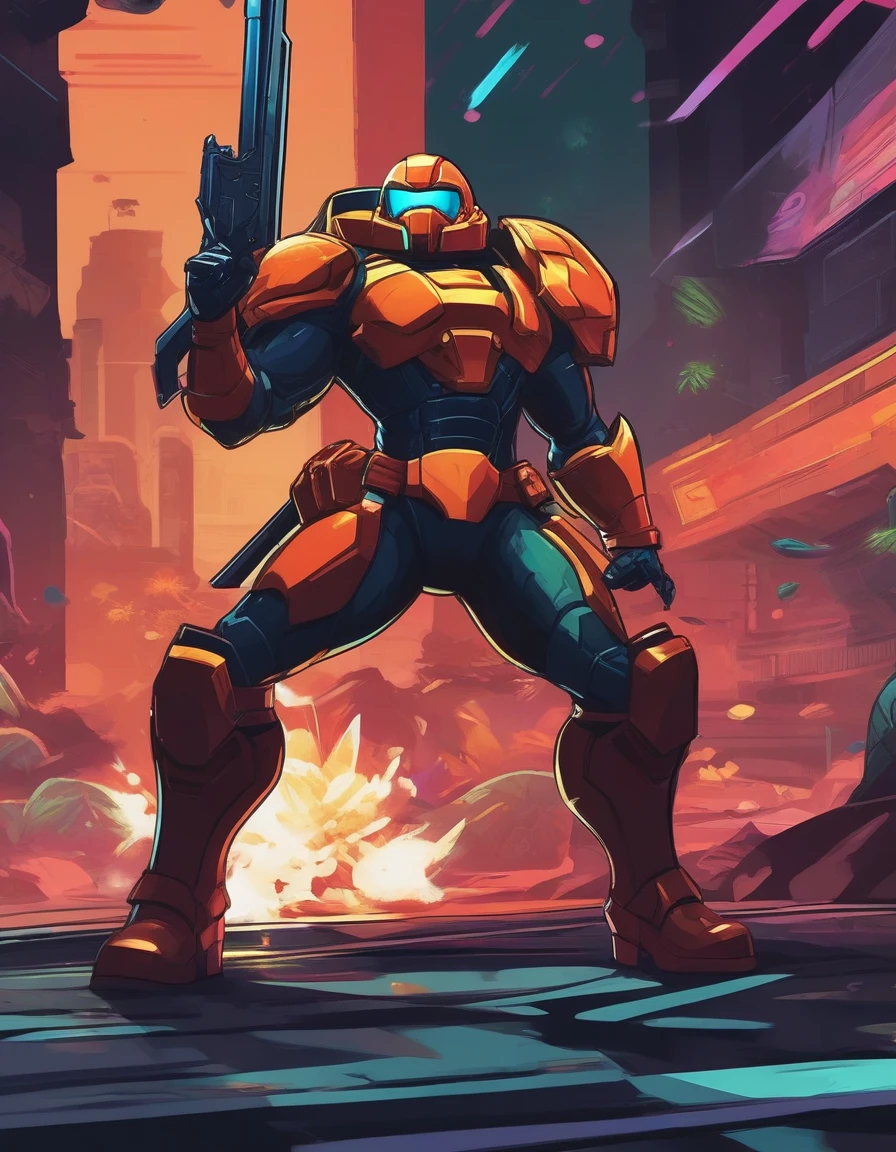 Cartoon image of man holding gun and hat, Doomman is similar to Samus, A purple armor,Holding in hand,在fighting,Plants vs.,Character art相反, Valgaat style, 官方Character art, Ray Punk, Duke Nukem Art Style, With a plasma gun, Charya, cyber space cowboy, Very stylized character design, game character, game character art, Character art, Qataghting,Poster Art,World,fighting中