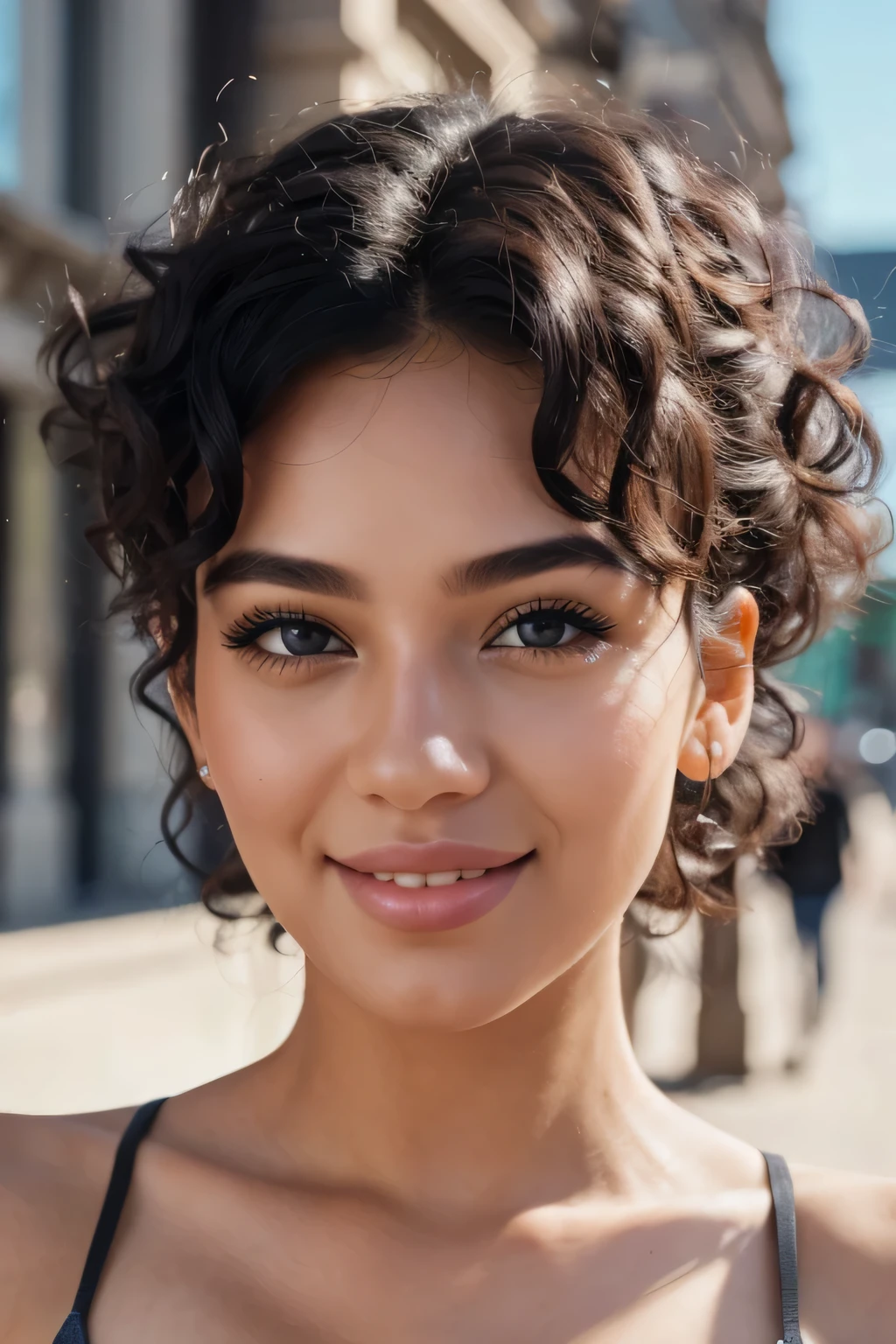 beautiful girl (best quality, 4k, 8k, highres, masterpiece:1.2), ultra-detailed, curly blue hair, realistic, cute smile, attractive eyes, beautiful detailed face, extremely detailed eyes, long eyelashes, photorealistic lighting, front face detail, instagram influencer, instagram-style photography