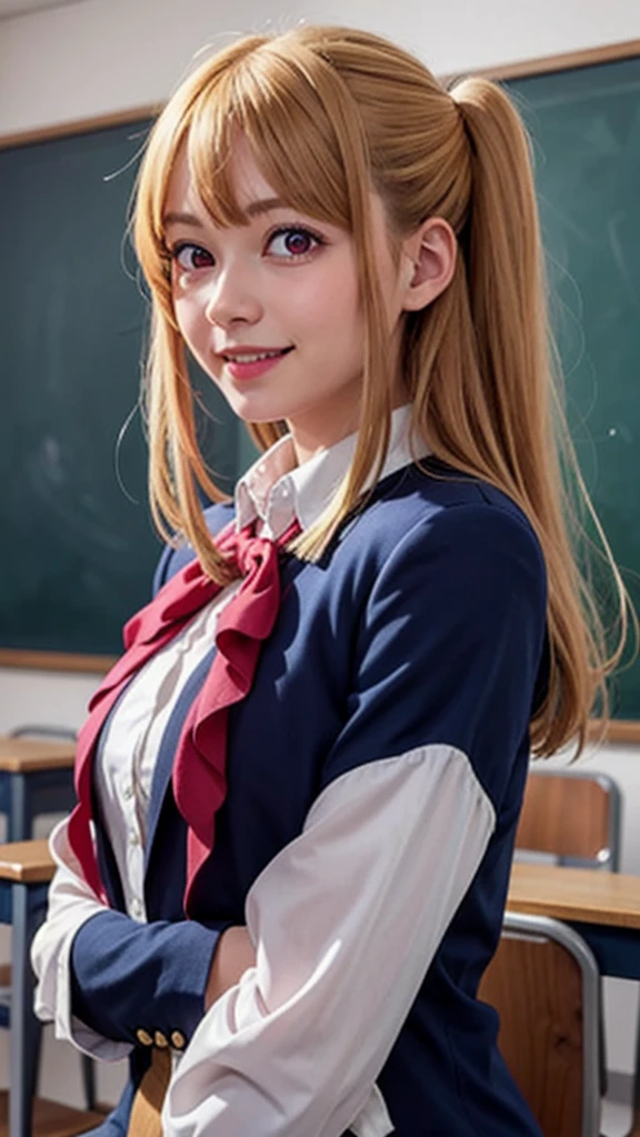 Blonde,Messy silky beautiful blonde hair,A perfectly beautiful face,masterpiece, 8k wallpaper, Highest quality, One girl,Pink Eyes,Hoshino Ruby,ruby hoshino, smile, blush,uniform,Navy blue blazer,Red ribbon, shirt,whole body,In the classroom,pikkyruby,1girl