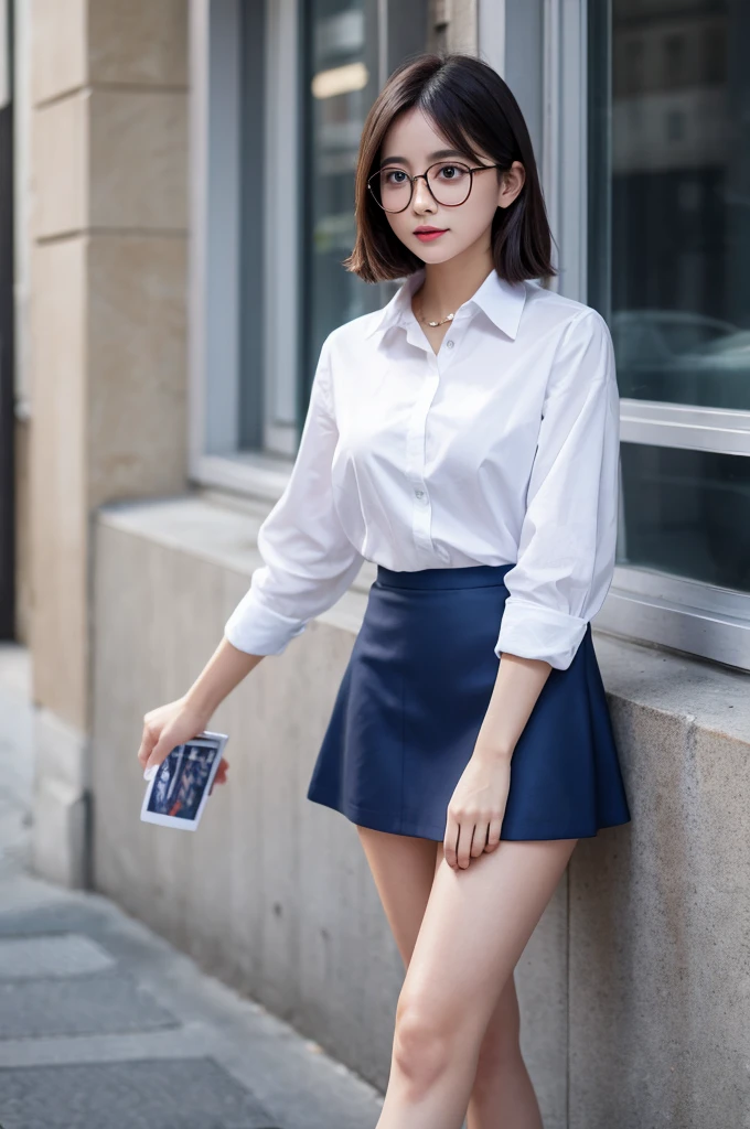 Dark blue mini skirt　White Shirt　Glasses
