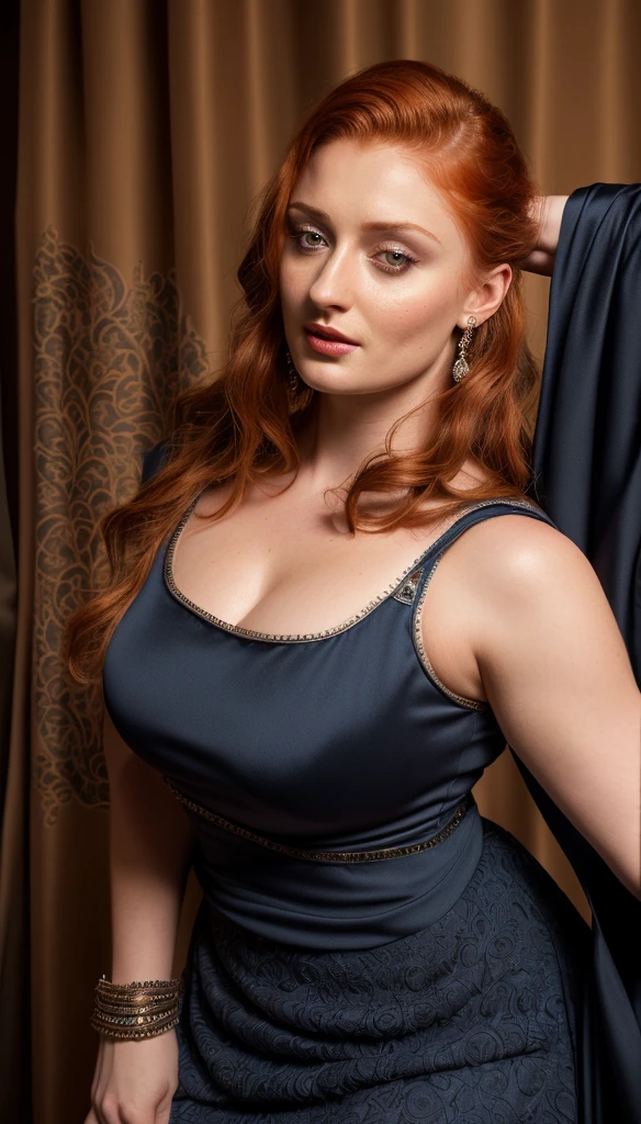 Sophie Turner, the de facto Lady of the Eyrie, is a 40-year-old mature queen with a stunning, alluring appearance. She wears a Game of Thrones-inspired costume and has a deep cleavage, a perfect thick body, and a perfect thick figure. The photograph captures her in a close-up, with her skin texture and facial features being ultra-realistic and realistic.