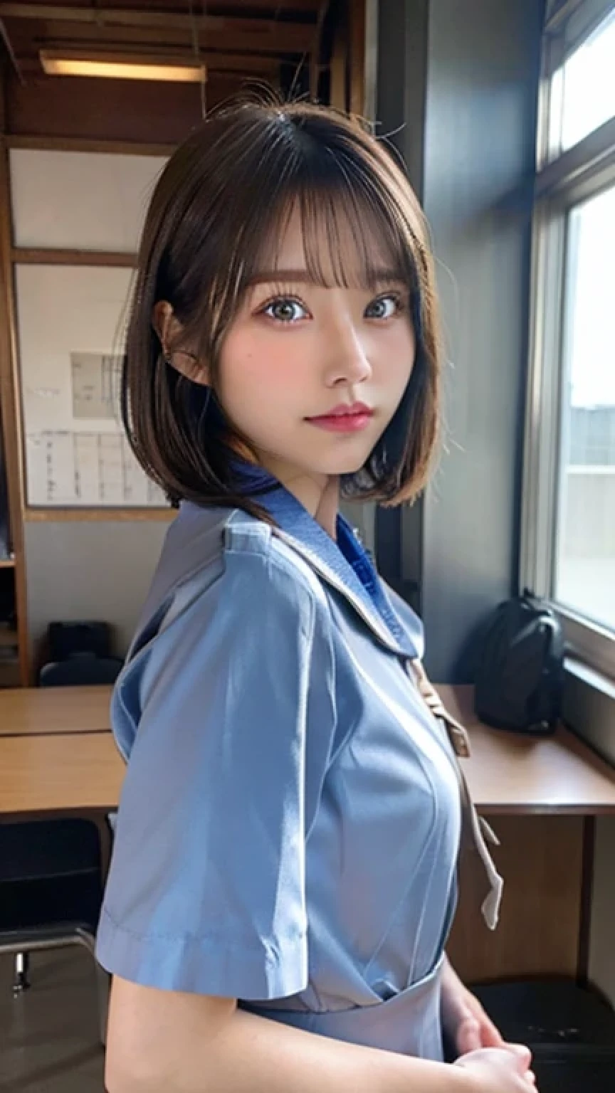 Highest quality, masterpiece, Ultra-high resolution, (Realistic:1.4), RAW Photos, One girl, Silver short hair, blue eyes, Detailed eyes and face,, Dynamic Lighting, Modest, Full Body Shot, Japanese, classroom, Japanese school girl uniform, high school student