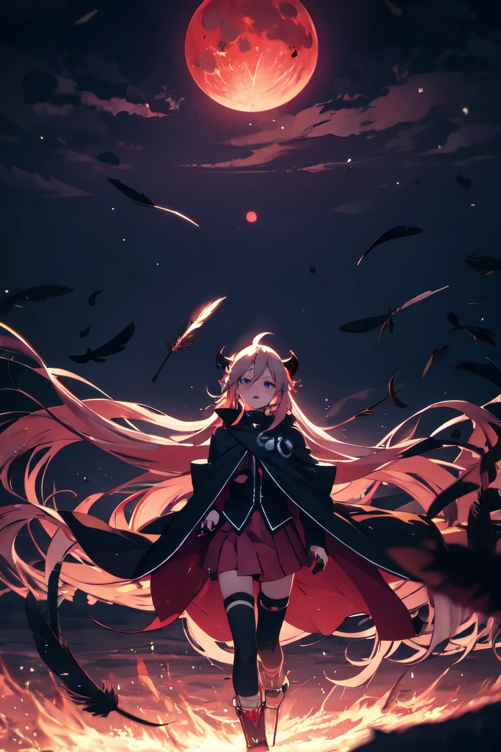 Oia　Vocaloid　background（Bright red sky、The red moon is out）
atmosphere（Demon King、Overwhelming presence、emphasize、despair）
expression（laugh at）clothing（Wearing a black robe）
The whole area is on fire Black feathers are falling everywhere Hair color（White）
girl
