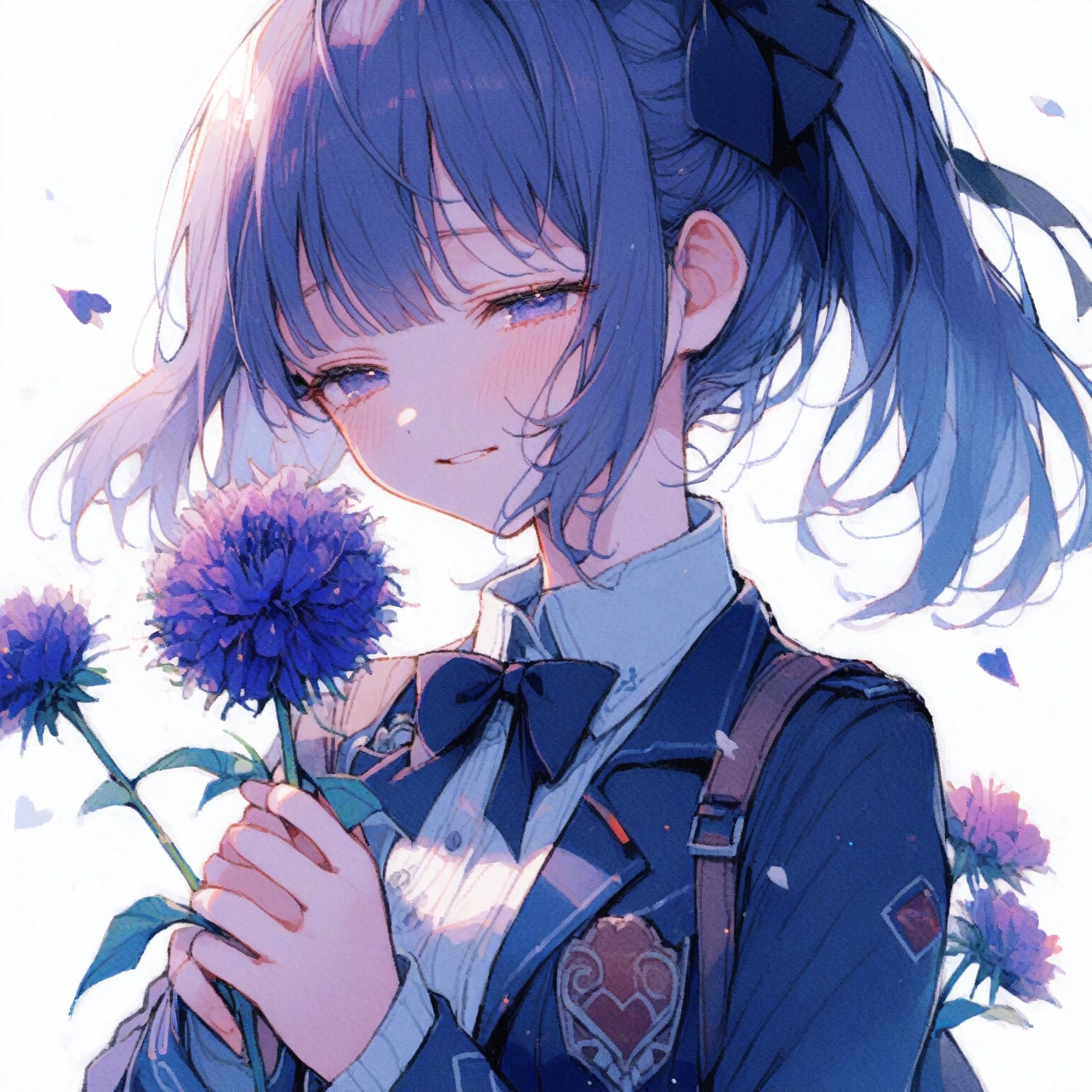 1girl、Blue-purple Echinops ritro、「sharpness」「Broken Hearts」、Moist eyes、I squint my eyes as I reach out to touch the flower.、tegaki