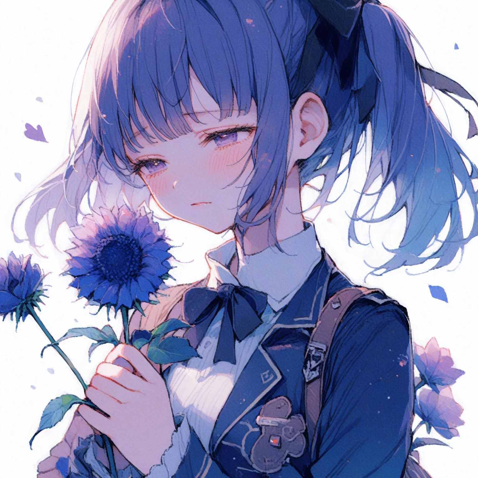 1girl、Blue-purple Echinops ritro、「sharpness」「Broken Hearts」、Moist eyes、I squint my eyes as I reach out to touch the flower.、tegaki
