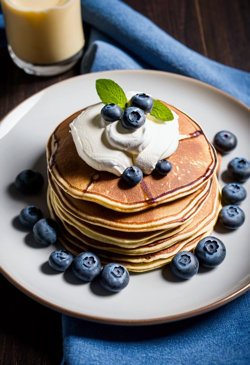 Protein pancakes with whipped cream cheese and blueberries at the hotel