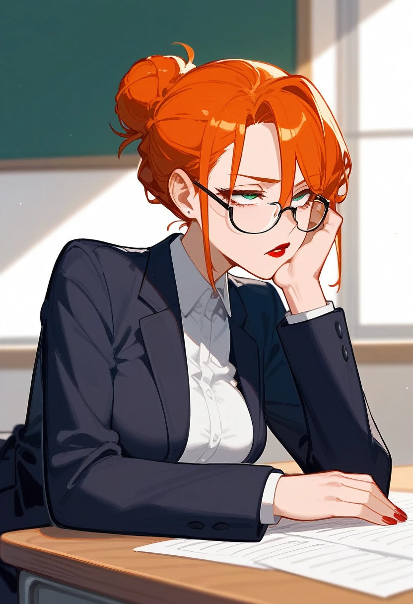 1 girl, masterpiece, best quality, highres, ro1, Misty from pokemon, green eyes, half-closed eyes, spectacles), a come-hither face, smirk , parted lips, nose blush, blush, facing viewer, looking at viewer, solo, business suits, business jacket, black jacket, white y-shirts(buttons), pleats skirt, black leather skirt, black leather thighhighs, in the classroom, night time, sitting, sitting on desk, spread legs, black lace panties, come-on, lure, Sexy waist teasing, , from_below , full body, cleavage, barrette