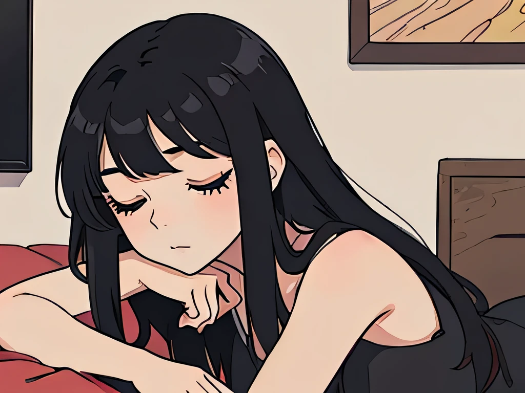perfect anime illustration closeup portrait of a girl having long black hair with bangs, wearing a dress, erotic, posing for a picture, professional pose, artistic, eyes closed, resting face on her hand