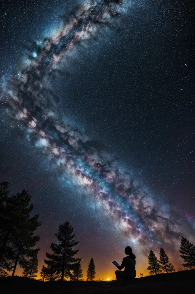 a  sitting in the stars and reading a colored shining book, rainbow colored cosmic nebula sky background, stars, galaxies