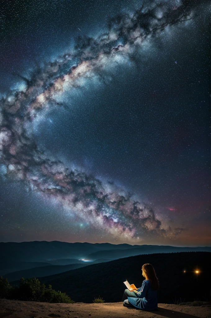 a  sitting in the stars and reading a colored shining book, rainbow colored cosmic nebula sky background, stars, galaxies
