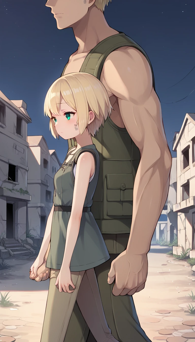 score_9, score_8_up, score_7_up, source_anime BREAK 
1girl, 14yo, _young, from side, small breasts, (girl dirty grey casual dress, holding hand in another's hand, blonde short hair, grey eyes, girl sad face), (town ruins:1.25), outdoors, walking, ((size difference:1.5)), (male calm face out of frame, (male cargo vest, pants)), ((night scene background:1.25))