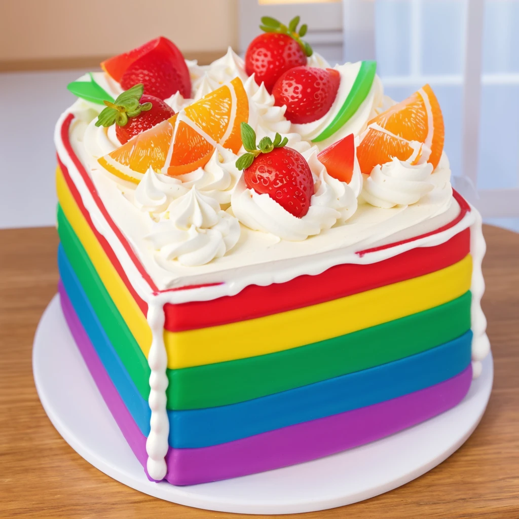 on a wooden table, on a porcelain plate, a tiny cream rainbow cake, with cream lines drawn on its edges, white cream swirls, tiny strawberries, oranges and watermelon slices made of polymer clay on the cake, window light, bright lights, soft light, window light, professional lighting, light from the window, neat light, realistic texture, realistic style, detailed texture, high quality, high resolution, high quality rendering, realistic photo, brightning light, macro photo