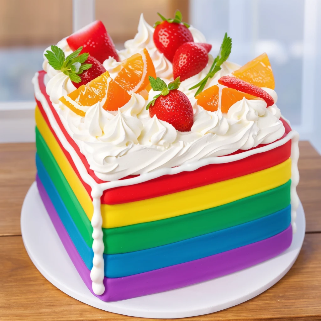 on a wooden table, on a porcelain plate, a tiny cream rainbow cake, with cream lines drawn on its edges, white cream swirls, tiny strawberries, oranges and watermelon slices made of polymer clay on the cake, window light, bright lights, soft light, window light, professional lighting, light from the window, neat light, realistic texture, realistic style, detailed texture, high quality, high resolution, high quality rendering, realistic photo, brightning light, macro photo