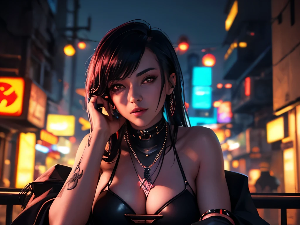 (Artistic photo of a cyberpunk fortune teller),Upper Body Shot, center, (Very detailed:1.2), (Complex neon slums in the background:1.1), Super detailed, (Soft lighting:1.2), High resolution, Film Grain.