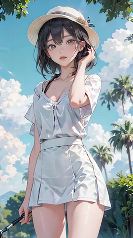 、A smile full of happiness、((Nearly naked:1.3))、Nearly naked、、grass、sweating、standing、(((Long legs、Thighs Thighs Thighs Thighs)))、Sun visor、Medium Hair、Cleavage、One girl,Golf Players,Perfect Face,Crispy breasts, Uneven buttocks,Pastel color sports short sleeve,(((short tight white skirt))),White sports socks,White shoes,Wet body,Swinging a golf club,Golf course,sunny day,cloud, Detailed Background, Clothing Details, Perfect balance, Film Grain, The Colors of Fuji, Light and dark contrast, masterpiece, High detail, high quality, High resolution, Cinema Lighting, 8K, Textured skin, Super detailed