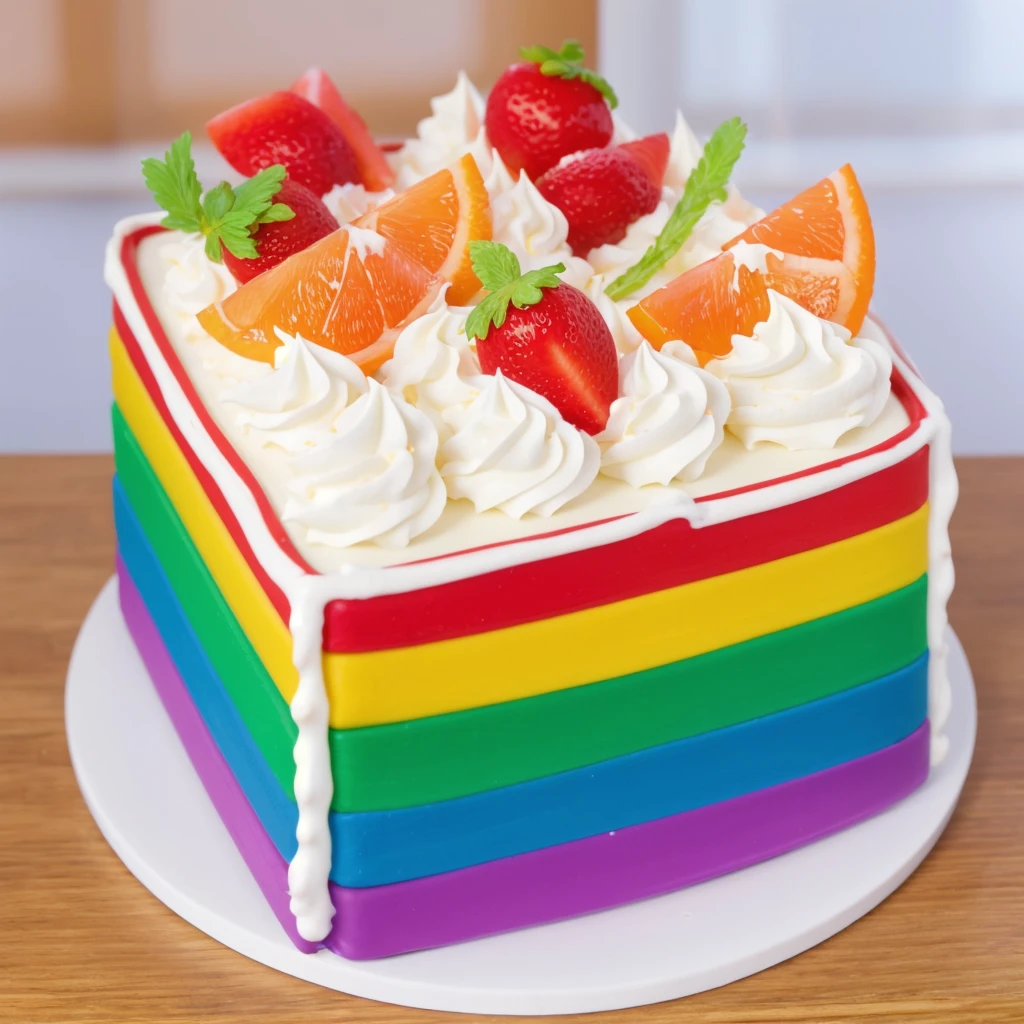 on a wooden table, on a porcelain plate, a tiny cream rainbow cake, with cream lines drawn on its edges, white cream swirls, tiny strawberries, oranges and watermelon slices made of polymer clay on the cake, window light, bright lights, soft light, window light, professional lighting, light from the window, neat light, realistic texture, realistic style, detailed texture, high quality, high resolution, high quality rendering, realistic photo, brightning light, macro photo