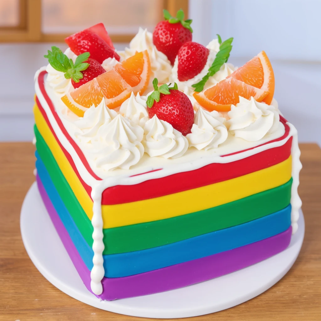 on a wooden table, on a porcelain plate, a tiny cream rainbow cake, with cream lines drawn on its edges, white cream swirls, tiny strawberries, oranges and watermelon slices made of polymer clay on the cake, window light, bright lights, soft light, window light, professional lighting, light from the window, neat light, realistic texture, realistic style, detailed texture, high quality, high resolution, high quality rendering, realistic photo, brightning light, macro photo