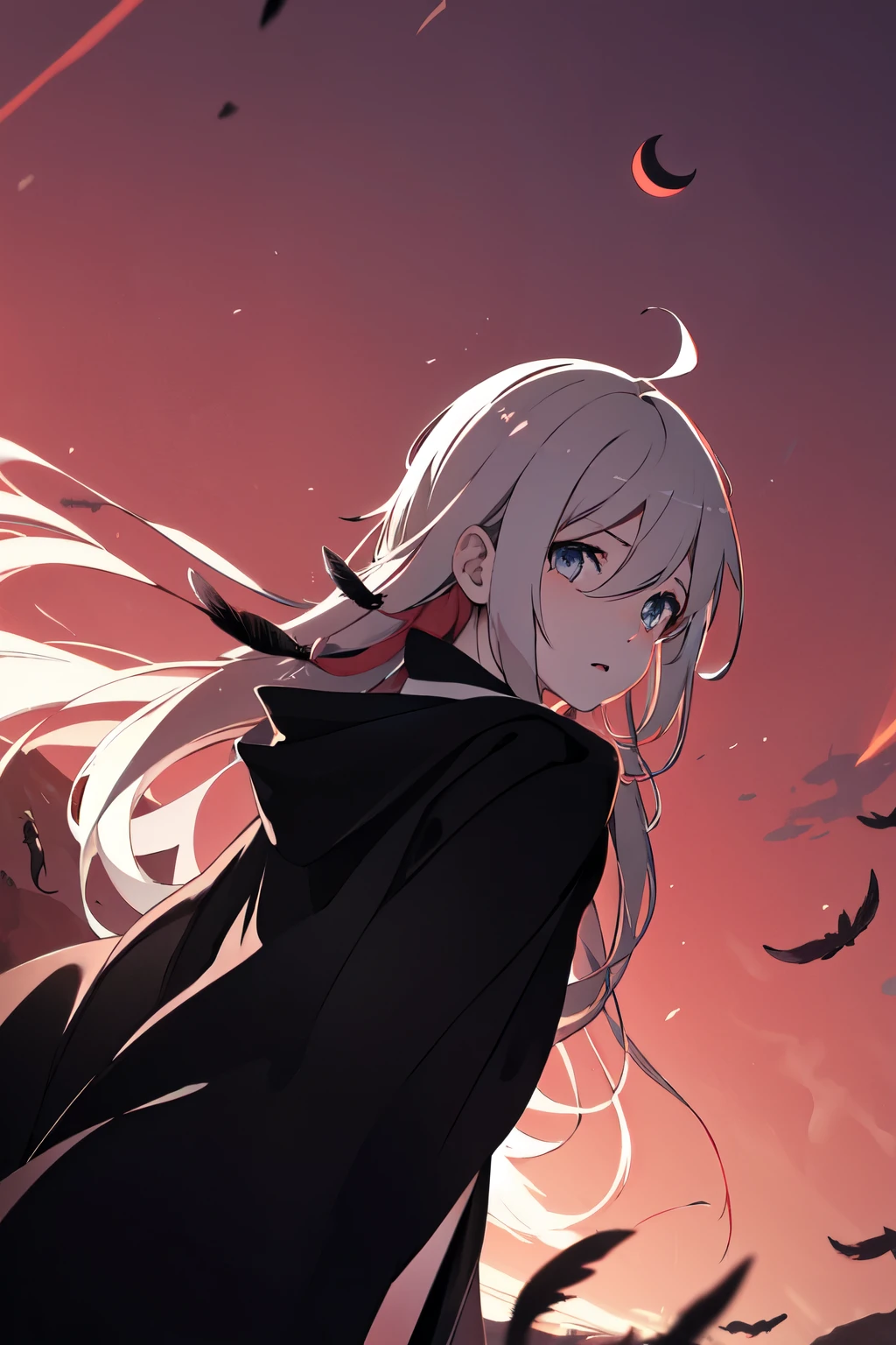 Oia　Vocaloid　background（Bright red sky、The red moon is out）
atmosphere（Demon King、Overwhelming presence、emphasize、despair）
expression（laugh at）clothing（Wearing a black robe）
The whole area is on fire Black feathers are falling everywhere Hair color（White）
girl
