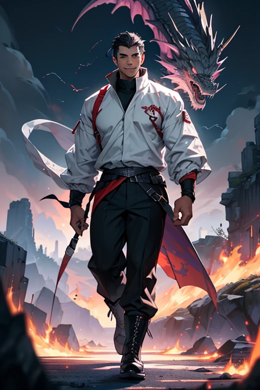 Muscular man, alone, White Windbreaker, White trousers, Gray Hair, Black Hair, Japanese-looking man, Dragon Horn, Purple military boots, Wicked Smile, Dark brown eyes, Fantastic landscape, Walking in the flames of darkness.