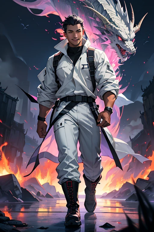 Muscular man, alone, White Windbreaker, White trousers, Gray Hair, Black Hair, Japanese-looking man, Dragon Horn, Purple military boots, Wicked Smile, Dark brown eyes, Fantastic landscape, Walking in the flames of darkness.