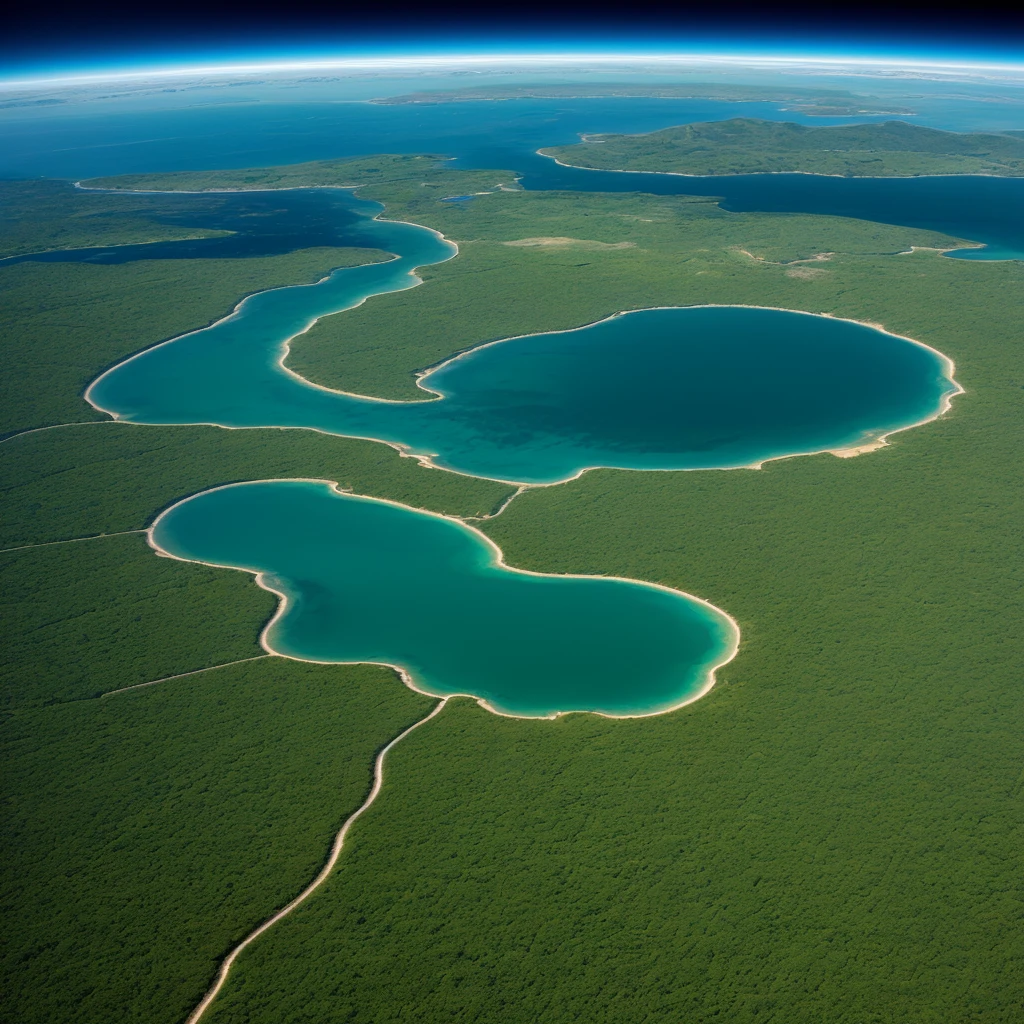 Planet comprised completely of water except for a small bit of land. Underwater fauna and flora heavily prevalent but none intelligent. Vibrant colors, space, view from the orbit