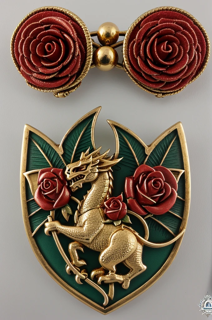 A badge with red dragon, white roses and gold sword