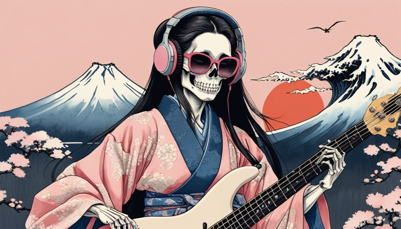 A female skeleton with long hair wearing a gorgeous kimono, Light pink lens sunglasses, Katsushika Hokusai, Ink Painting, Japanese style headphones, Playing the bass guitar, Modern ukiyo-e style