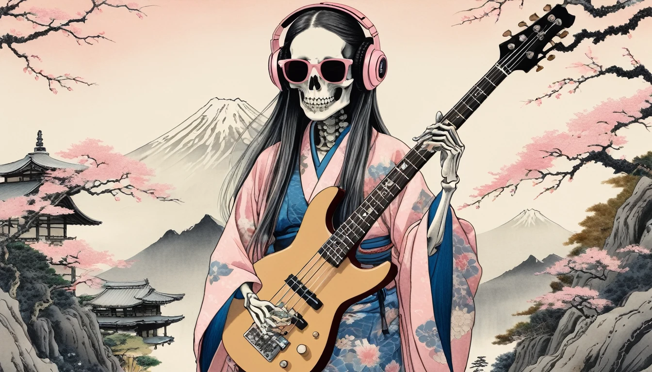 A female skeleton with long hair wearing a gorgeous kimono, Light pink lens sunglasses, Katsushika Hokusai, Ink Painting, Japanese style headphones, Playing the bass guitar, Modern ukiyo-e style