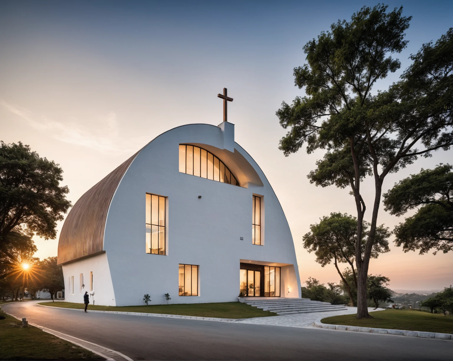 raw photo, best quality, ultra realistic, masterpiece, best quality skin, photography hd, dslr,
tcs, httlvn, modern church, road, people, house, facade design, outdoors, church, white walls, cross on top, curved shape building, 
Dusk, sunshine, 
View from a tree, dof view, 