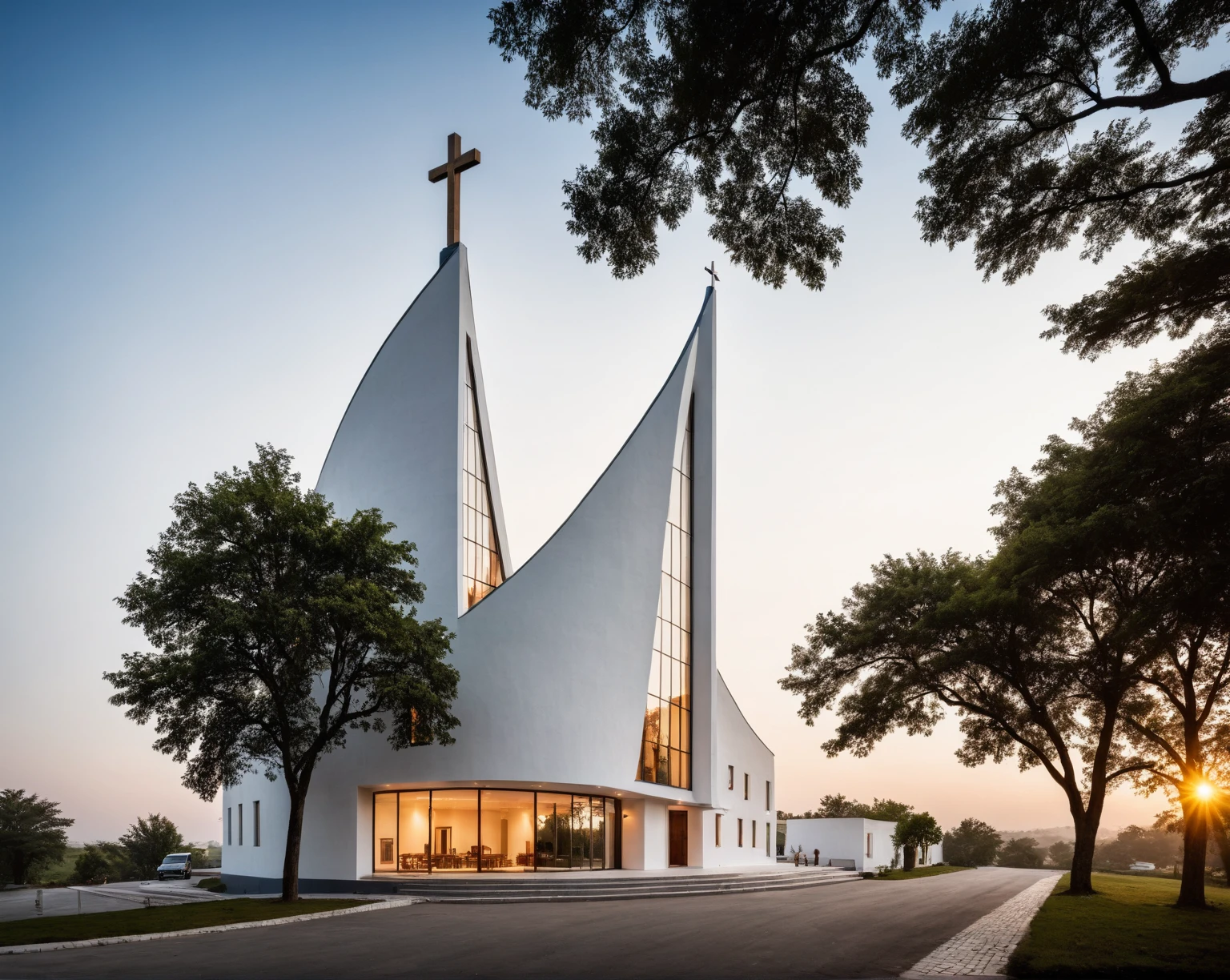 raw photo, best quality, ultra realistic, masterpiece, best quality skin, photography hd, dslr,
tcs, httlvn, modern church, road, people, house, facade design, outdoors, church, white walls, cross on top, curved shape building,
Dusk, sunshine,
View from a tree, dof view,