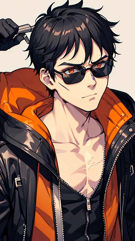boy, strong, fighter, black hair, shades, technician, mechanic, band-aid on face, cut scars on face, leather jacket, blowtorch sparks, dusty clothes, stoic expression, neutral expression, workshop background, bright orange eyes