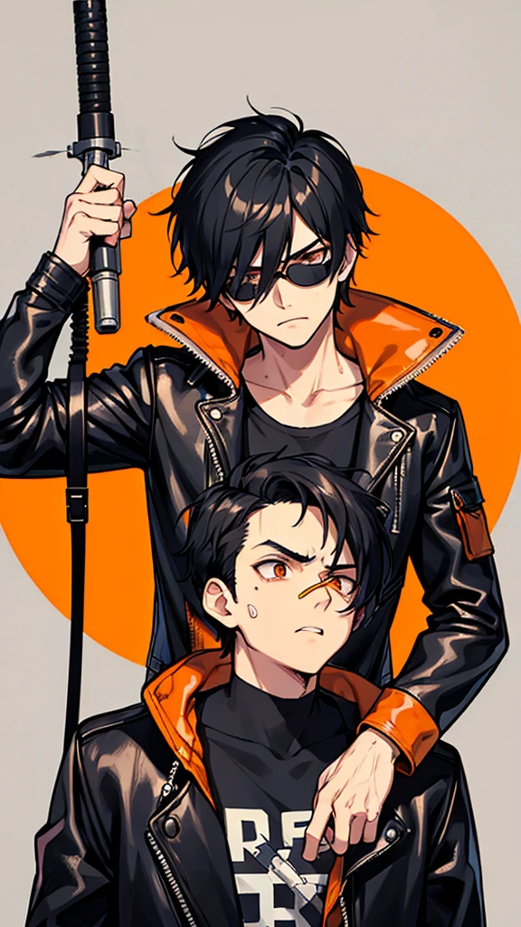boy, strong, fighter, black hair, shades, technician, mechanic, band-aid on face, cut scars on face, leather jacket, blowtorch sparks, dusty clothes, stoic expression, neutral expression, workshop background, bright orange eyes