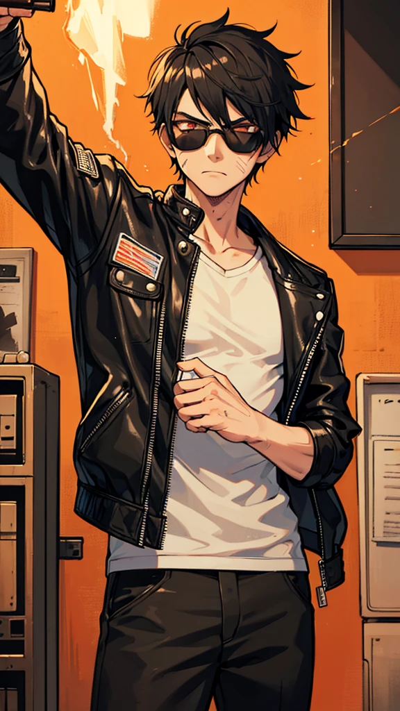 boy, strong, fighter, black hair, shades, technician, mechanic, band-aid on face, cut scars on face, leather jacket, blowtorch sparks, dusty clothes, stoic expression, neutral expression, workshop background, bright orange eyes