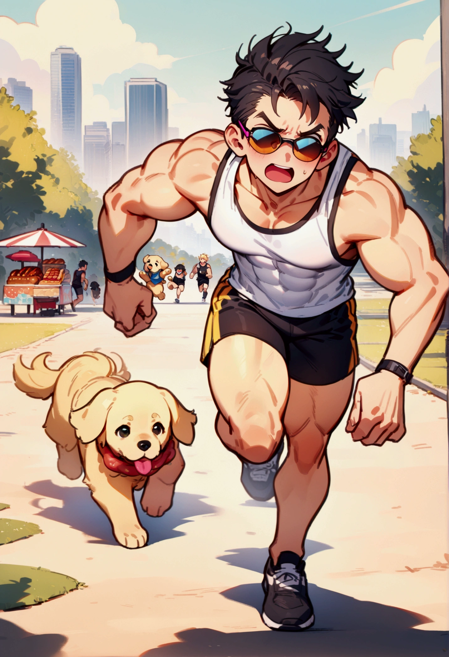 best quality, masterpiece, 8K, HD, young muscular man, wearing sports tank top and tiny shorts, wearing stylish sunglasses, surprised expression, running after a black puppy and golden retriever puppy in front of him, in a park, a hotdog stand with umbrella, metropolitan city in the background, full body, vibrant colors, highly detailed