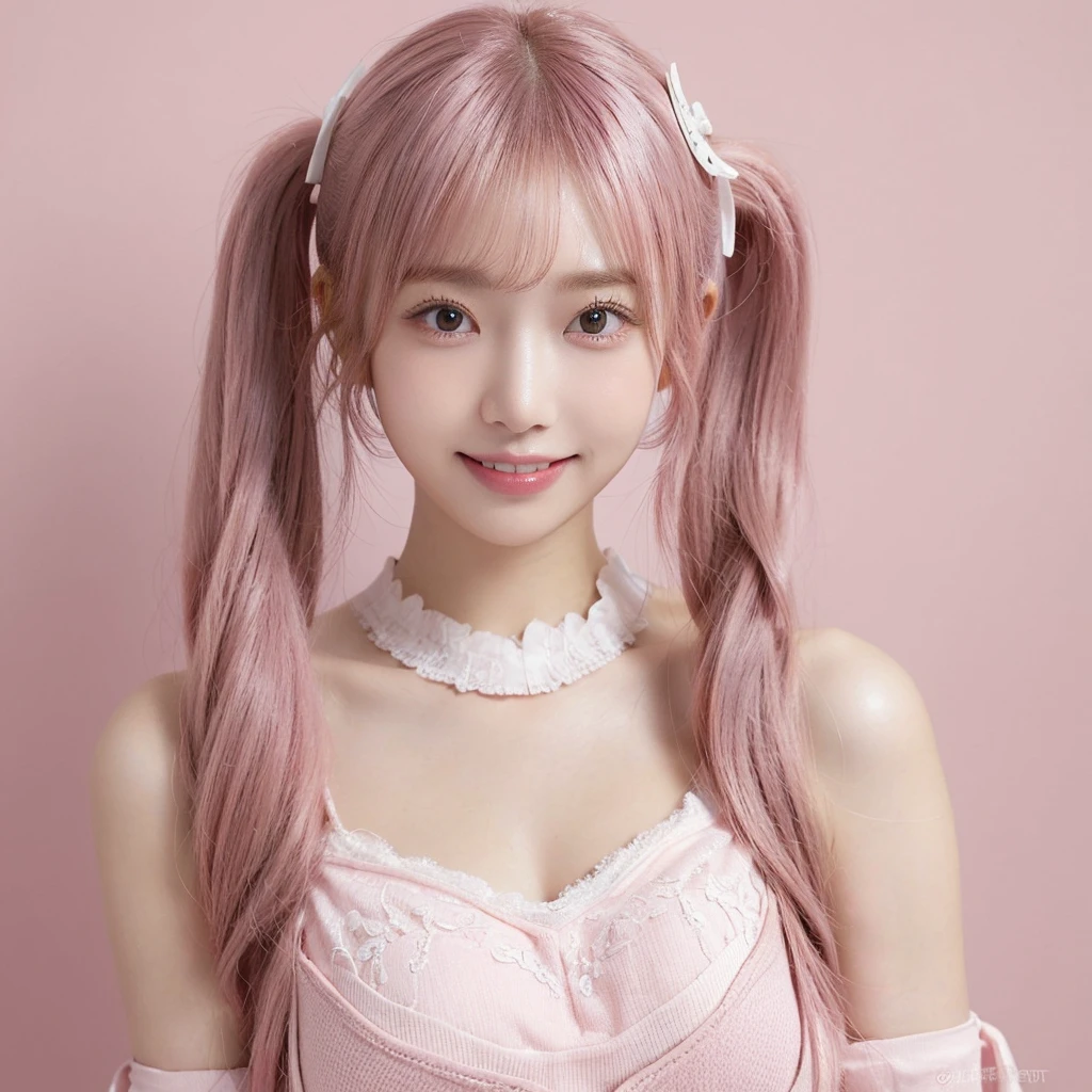 Shot with a top-of-the-line camera. highest quality, illustration, ultra-detailed, intricately detailed, high resolution, 8k, very large , A youthful look of about 15 yearand well-proportioned, pink hair in twin tails, fair skin. She is wearing a Japanese idol costume, She is in a magazine photoshoot studio. A light pink background. artist photo, Straight, beautiful teeth and white teeth.