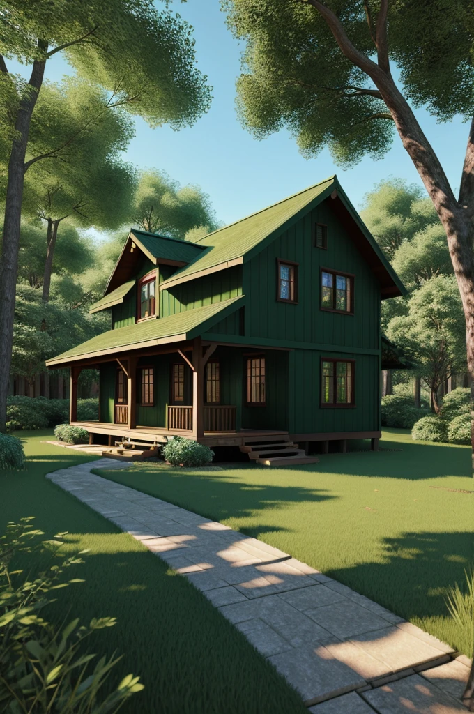 Please draw a picture of the house in the green forest with 3D Anime