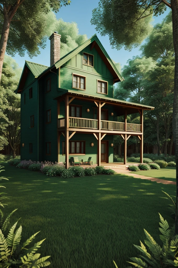 Please draw a picture of the house in the green forest with 3D Anime