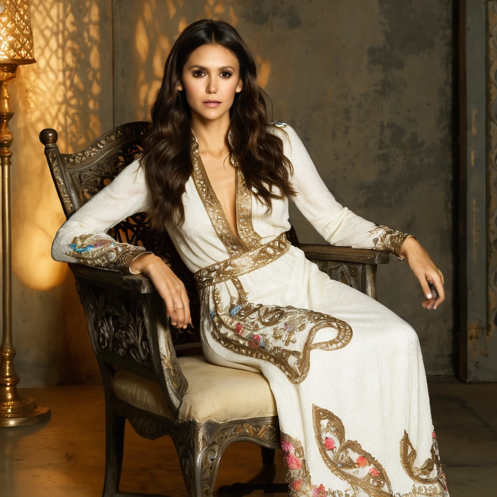 Nina Dobrev with long, wavy brown hair sitting on an ornate, metal chair turned backward. She is mostly draped in a light garment, her back is exposed, and she looks over her shoulder toward the camera with a slight smile. The background is a studio setting with lighting equipment partially visible.