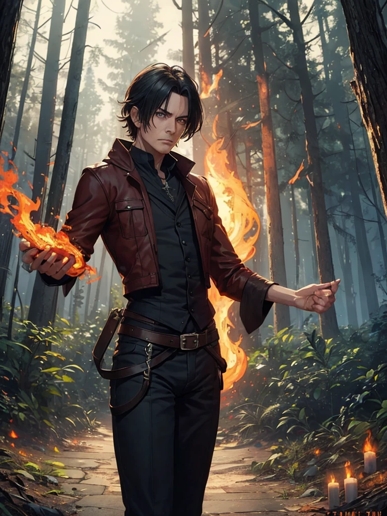 HOT and sexy mature slim man, let him be a sorcerer who manipulates fire. grumpy face. In a setting of a burning forest.