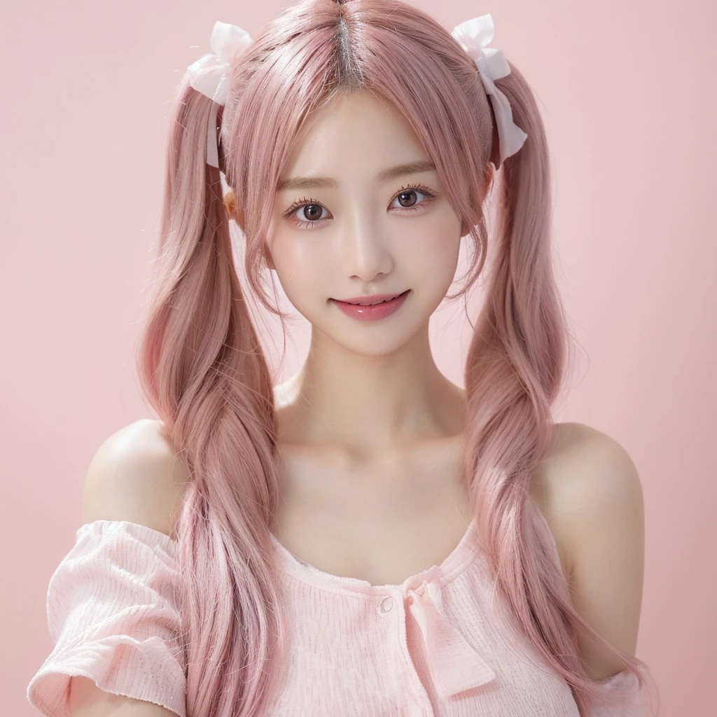 Shot with a top-of-the-line camera. highest quality, illustration, ultra-detailed, intricately detailed, high resolution, 8k, very large breasts, A youthful look of about . Slim and well-proportioned, pink hair in twin tails, fair skin. She is wearing a Japanese idol costume, She is in a magazine photoshoot studio. A light pink background. artist photo, Straight, beautiful teeth and white teeth.