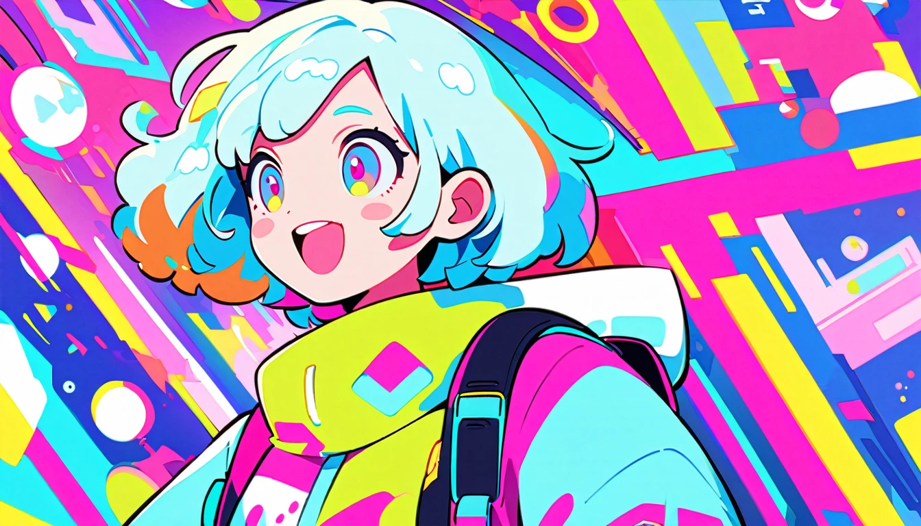 Vibrant art,pop、bright、colorful, 1 female, Light blue hair, short hair、Happy,cute, animation style, kawaii, clearly, colorful cyberpunk, bubblegum pop, cute、Pink and light blue as main colors、I'm cheering loudly、 Headphonesをしている、Headphoneusic、buzzer、buzzer, tropical,