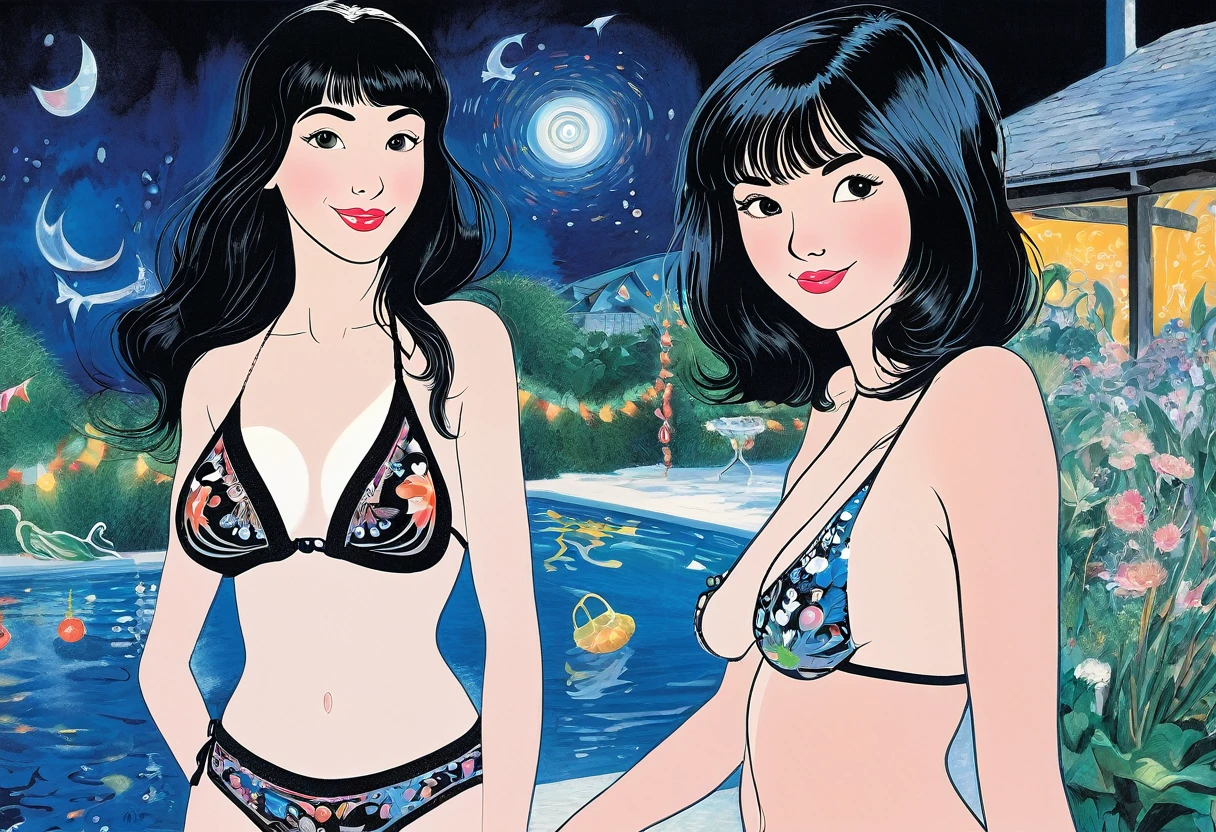 1girl, intricate details, beautiful detailed face, (minimum micro bikini:1.2), see-through, looking at viewer, (night pool party), blush, open mouth, black hair, medium hair, blunt bangs, happy, standing((Marc Chagall style)), magic naive art, primitivism, protogen, ((best quality, Masterpiece)), ((Highest detail)), RAW:1,1, 8k