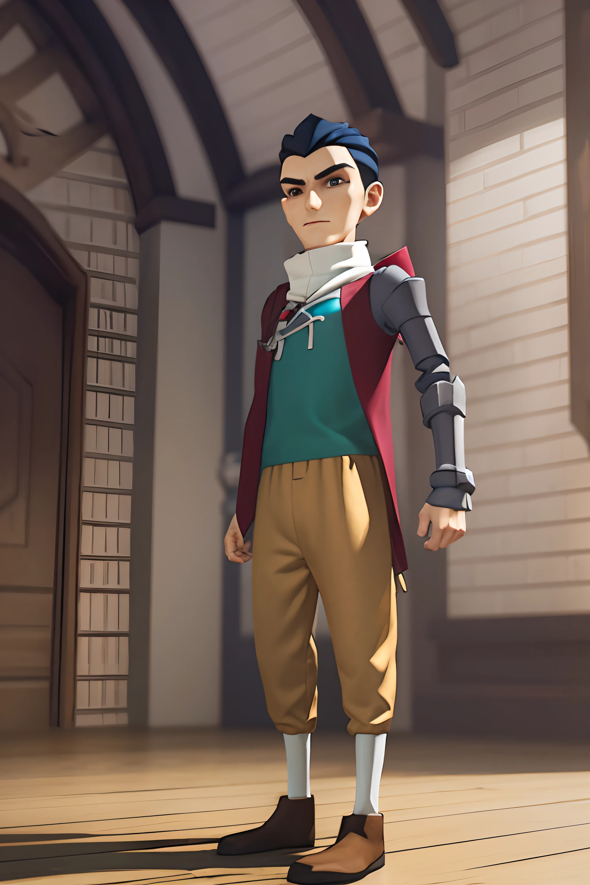 cartoon image of a boy in a medieval outfit standing in a room, skinny male fantasy alchemist, point-and-click adventure game, anime styled 3d, game character, complex fantasy character, 3 d character, 3d character, 3 d character render, cinematic full character, full body character, videogame character, stylized character, stylized as a 3d render