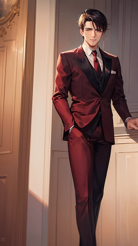 Alaric Valtieri. He is dressed in an elegant dark red formal suit, paired with a red tie and a white shirt, giving a professional and neat impression. His face displays a calm and confident smile, reflecting an optimistic and charismatic attitude. On his left shoulder, there is a gold chain decoration, adding a touch of luxury and authority to his appearance.