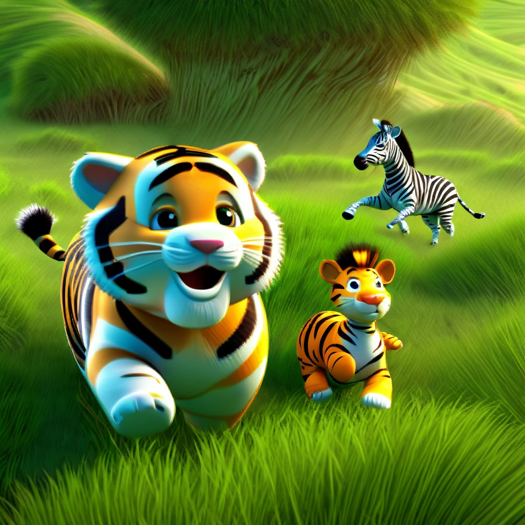 Tiger chasing zebra on the African grassland，4k hd wallpaper illustration, Cute 3d rendering, 