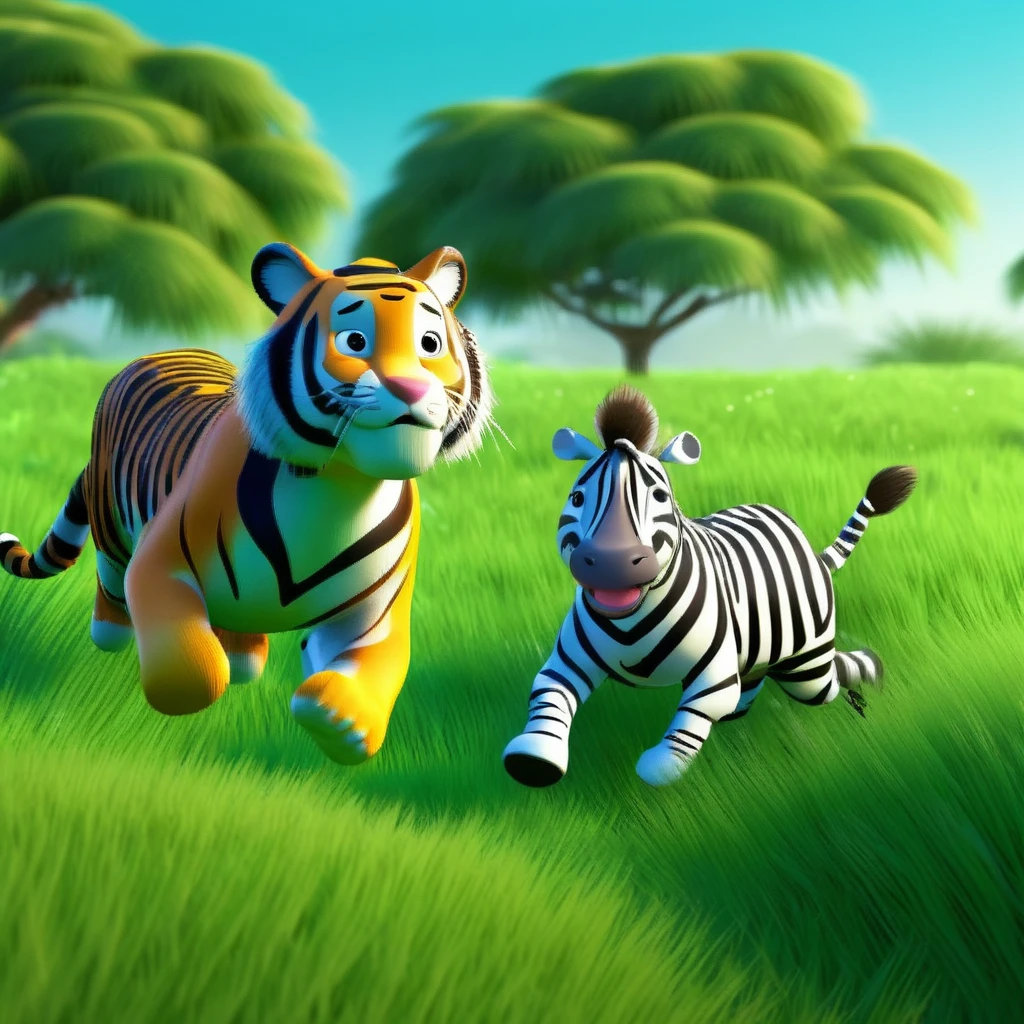 Tiger chasing zebra on the African grassland，4k hd wallpaper illustration, Cute 3d rendering, 