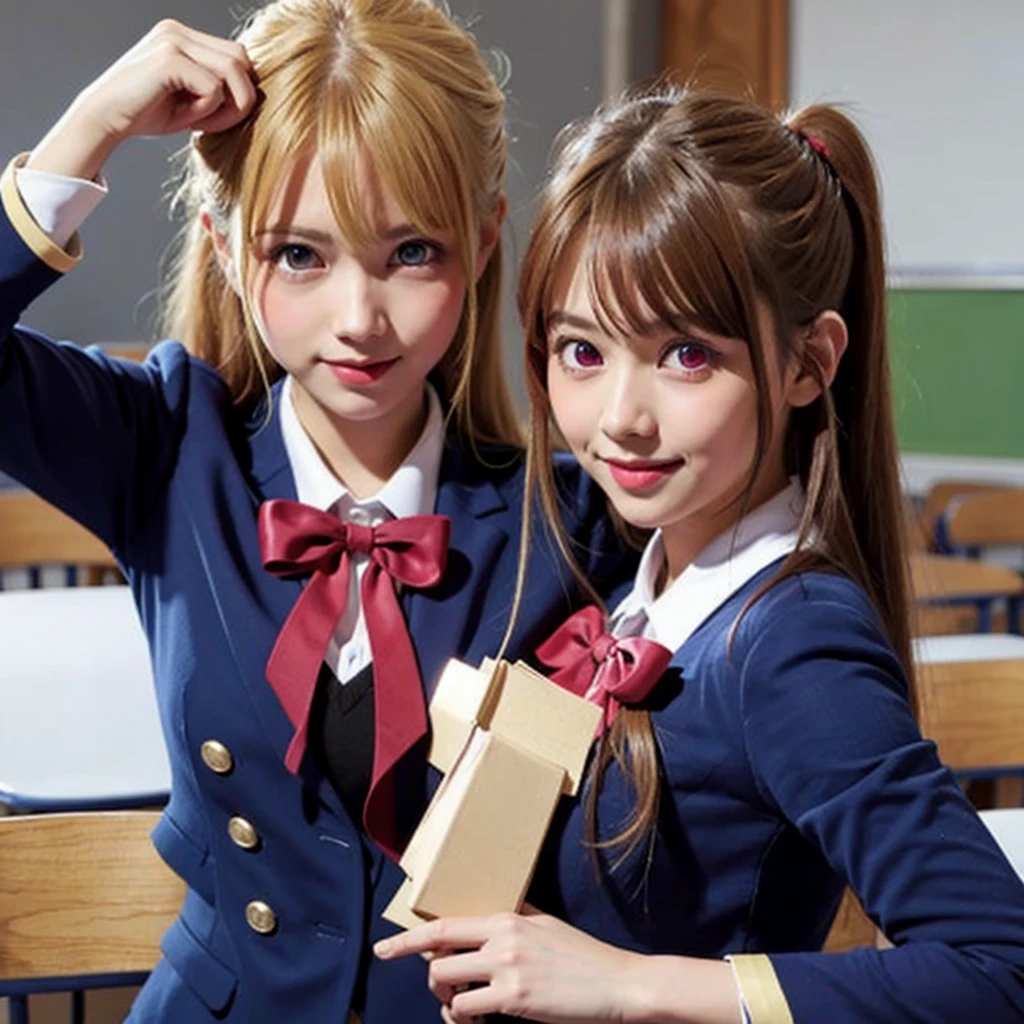 Blonde,Messy silky beautiful blonde hair,A perfectly beautiful face,masterpiece, 8k wallpaper, Highest quality, One girl,Pink Eyes,Hoshino Ruby,ruby hoshino, smile, blush,uniform,Navy blue blazer,Red ribbon, shirt,whole body,In the classroom,pikkyruby,1girl