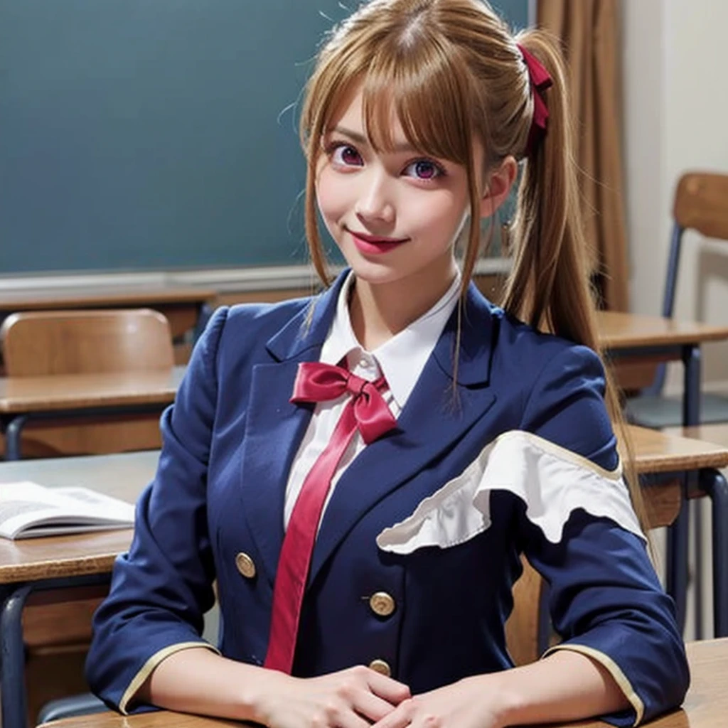 Blonde,Messy silky beautiful blonde hair,A perfectly beautiful face,masterpiece, 8k wallpaper, Highest quality, One girl,Pink Eyes,Hoshino Ruby,ruby hoshino, smile, blush,uniform,Navy blue blazer,Red ribbon, shirt,whole body,In the classroom,pikkyruby,1girl